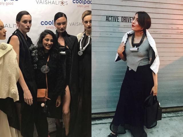 Designer Aanchal Sukhija with her runway models (centre), and (right) modelling her own creations.