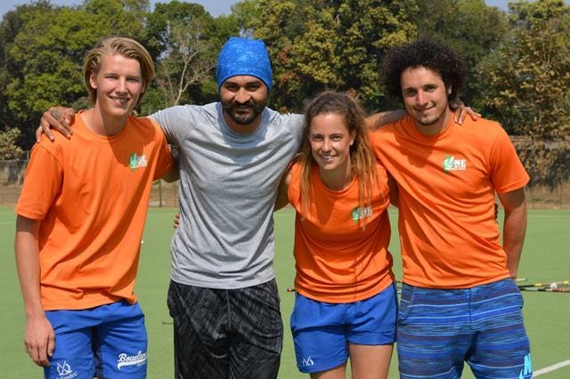 Former India captain Sandeep Singh with trainers from Floris Jan Bovelander’s academy. They are (from left) Wisse Kopal, Merel de Blaeij, who won the Olympic gold in 2012, and Nicolaas den Ouden. (Tata Trusts)