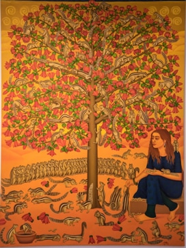 Sabia Khan’s painting of 108 squirrels titled, ‘Lets Play’, under Semul blooms. (SABIA KHAN ) Sabia Khan’s painting of 108 squirrels titled, ‘Lets Play’, under Semul blooms. (SABIA KHAN )