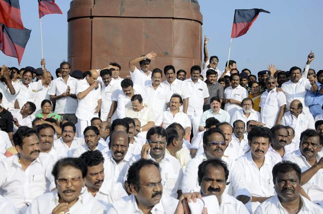 DMK leader MK Stalin and other party leaders during their protest in Chennai on Saturday. (HT Photo) DMK leader MK Stalin and other party leaders during their protest in Chennai on Saturday. (HT Photo)