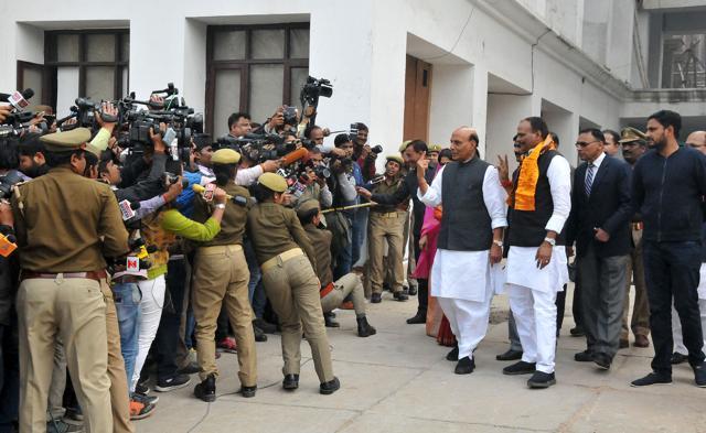 Union home minister Rajnath Singh after casting his vote at PWD in Lucknow, India, on Sunday, February 19, 2017. (Dheeraj Dhawan/Hindustan Times)