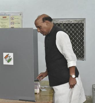 Home minister Rajnath Singh casts his vote in third phase of Uttar Pradesh state elections in Lucknow on Feb 19. (AP Photo) Home minister Rajnath Singh casts his vote in third phase of Uttar Pradesh state elections in Lucknow on Feb 19. (AP Photo)