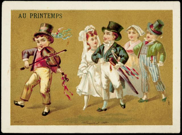 An advertisement for a French product, shows a scene of a wedding parade during spring. An advertisement for a French product, shows a scene of a wedding parade during spring.