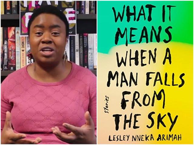 Novelist Lesley Nneka Arimah and the cover of her book What It Means When a Man Falls from the Sky.