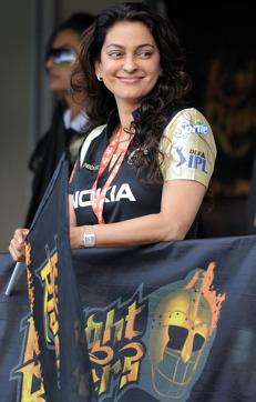 Actor Juhi Chawla cheers for Kolkata Knight Riders during the IPL Twenty20 match. (MANAN VATSYAYANA/AFP) Actor Juhi Chawla cheers for Kolkata Knight Riders during the IPL Twenty20 match. (MANAN VATSYAYANA/AFP)
