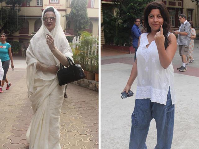 Actor Rekha and filmmaker Zoya Akhtar show their inked finger outside a polling booth in Mumbai on Tuesday. (Pramod Thakur/HT Photo) Actor Rekha and filmmaker Zoya Akhtar show their inked finger outside a polling booth in Mumbai on Tuesday. (Pramod Thakur/HT Photo)