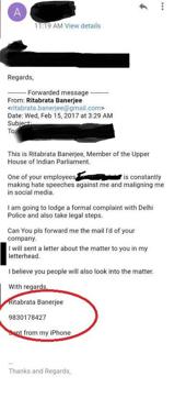 An alleged mail by Ritabrata Banerjee threatening to take the matter with Delhi police. An alleged mail by Ritabrata Banerjee threatening to take the matter with Delhi police.