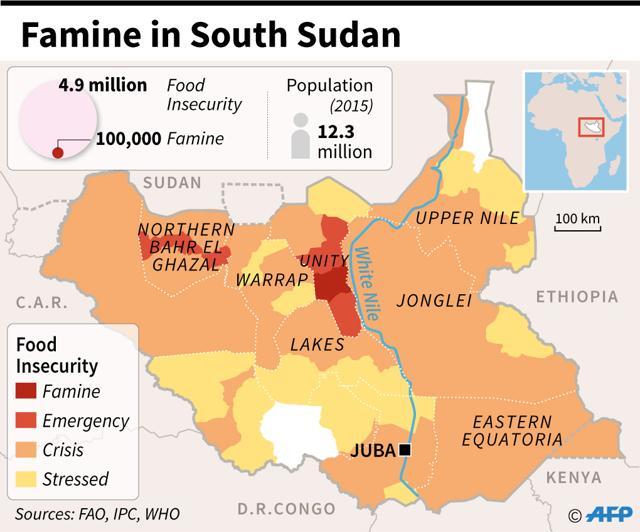 Map of South Sudan locating regions hit by famine and food shortages. (AFP)