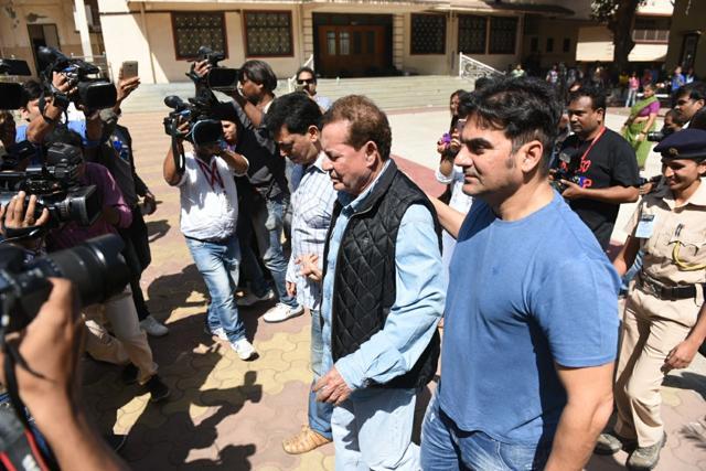 Scriptwriter Salim Khan with son Arbaaz Khan were seen at Mount Mary Convent High School, Bandra on February 21, 2017. (Pratik Chorge/HT Photo) Scriptwriter Salim Khan with son Arbaaz Khan were seen at Mount Mary Convent High School, Bandra on February 21, 2017. (Pratik Chorge/HT Photo)