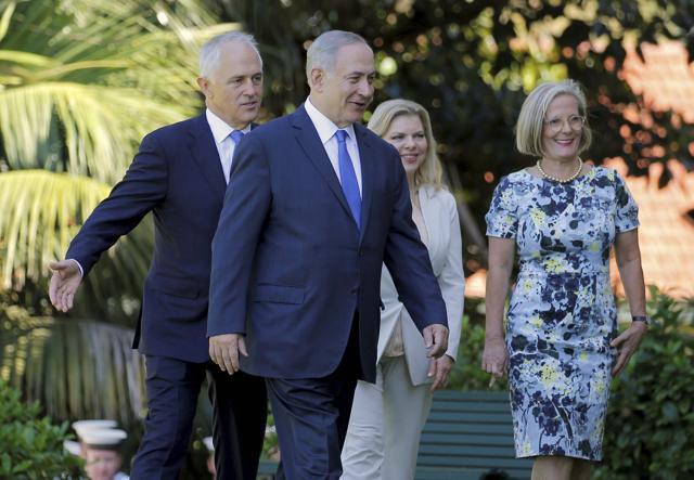 Israeli Prime Minister Benjamin Netanyahu (second left) and his wife Sara (second right) walk with Australian Prime Minister Malcolm Turnbull and his wife Lucy during their visit at Admiralty House in Sydney, Australia on Wednesday. (AP Photo) Israeli Prime Minister Benjamin Netanyahu (second left) and his wife Sara (second right) walk with Australian Prime Minister Malcolm Turnbull and his wife Lucy during their visit at Admiralty House in Sydney, Australia on Wednesday. (AP Photo)