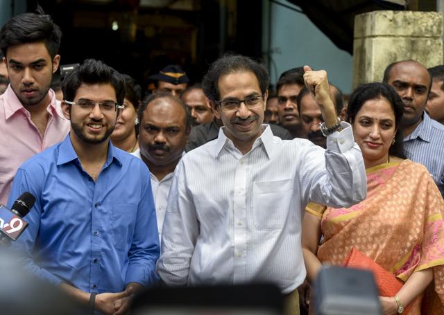 Shiv Sena president Uddhav Thackeray with his family outside a polling booth in Bandra. (Kunal Patil/HT) Shiv Sena president Uddhav Thackeray with his family outside a polling booth in Bandra. (Kunal Patil/HT)