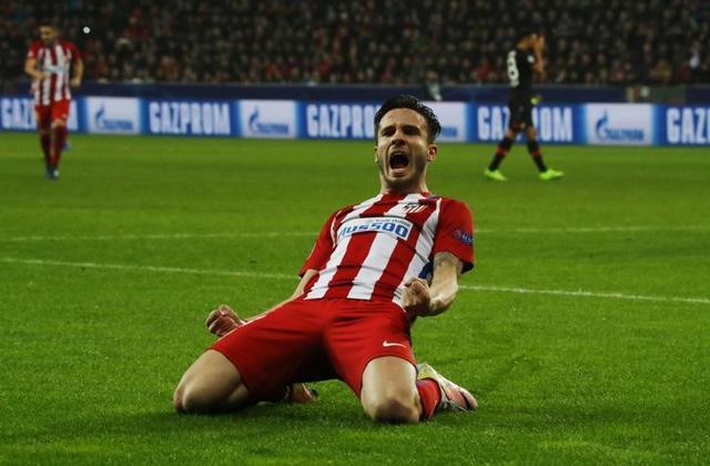 Atletico de Madrid's Saul Niguez celebrates scoring their first goal against Bayer Leverkusen. (REUTERS) Atletico de Madrid's Saul Niguez celebrates scoring their first goal against Bayer Leverkusen. (REUTERS)
