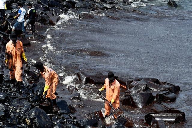 Firefighters and volunteers try to clean up oil that washed ashore, in Chennai last month. (PTI Photo) Firefighters and volunteers try to clean up oil that washed ashore, in Chennai last month. (PTI Photo)