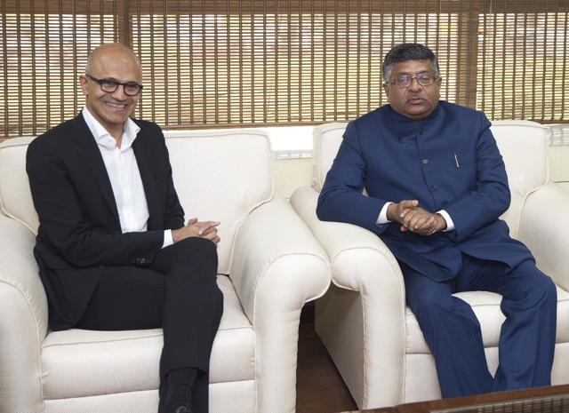 Microsoft CEO Satya Nadella with minister for information technology Ravi Shankar Prasad in New Delhi. (AP Photo) Microsoft CEO Satya Nadella with minister for information technology Ravi Shankar Prasad in New Delhi. (AP Photo)