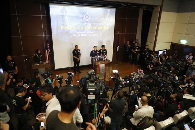 Malaysia's inspector-general of police Khalid Abu Bakar speaks during a press conference at the Bukit Aman national police headquarters in Kuala Lumpur on Wednesday. (AP Photo)