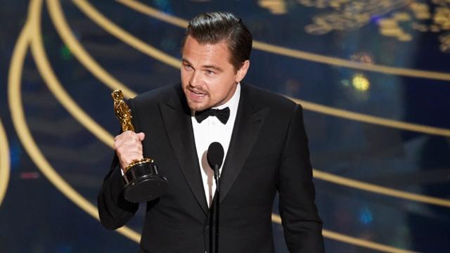 Leonardo DiCaprio accepts the award for best actor in a leading role for The Revenant at the Oscars. (Chris Pizzello/Invision/AP) Leonardo DiCaprio accepts the award for best actor in a leading role for The Revenant at the Oscars. (Chris Pizzello/Invision/AP)