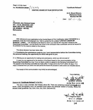 CBFC’s letter, which calls the film lady oriented and their fantasies above life (Alankrita Shrivastava ) CBFC’s letter, which calls the film lady oriented and their fantasies above life (Alankrita Shrivastava )