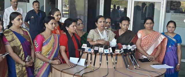 BJP minister Nirmala Wadhwani address mediapersons after receiving treatment. (HT Photo)