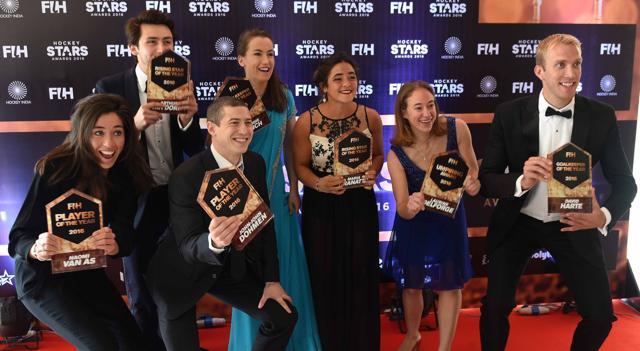 Award winners pose after the FIH Hockey Stars Wards 2016 in Chandigarh on Thursday. (HT Photo/Keshav Singh) Award winners pose after the FIH Hockey Stars Wards 2016 in Chandigarh on Thursday. (HT Photo/Keshav Singh)