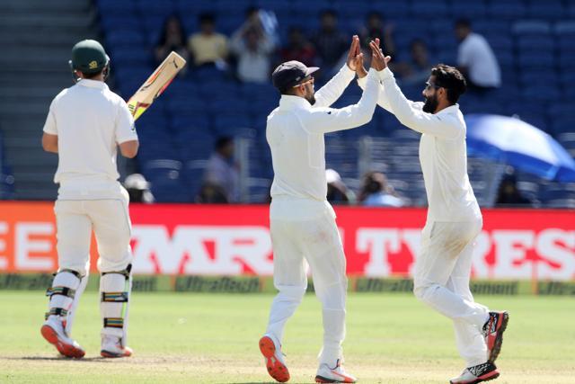 Ravindra Jadeja got his second wicket as he dismissed Mitchell Marsh immediately after tea. Catch live cricket score of India vs Australia, Pune Test here. (BCCI) Ravindra Jadeja got his second wicket as he dismissed Mitchell Marsh immediately after tea. Catch live cricket score of India vs Australia, Pune Test here. (BCCI)
