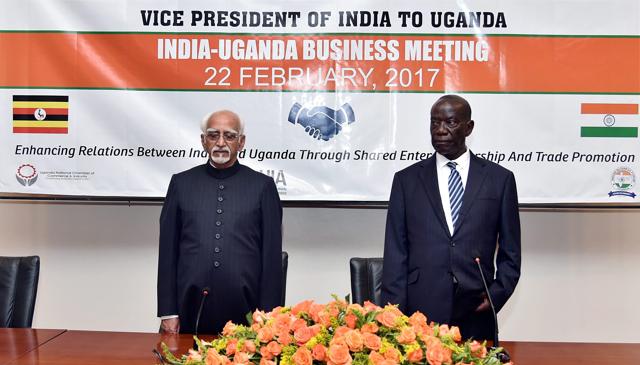 Vice-president Hamid Ansari with his Ugandan counterpart Edward Ssekandi at a business meeting in Kampala on Wednesday. (PTI)
