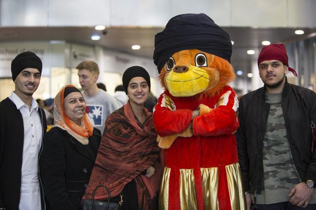 The BCU mascot wears a turban as he poses with guests. (Handout)