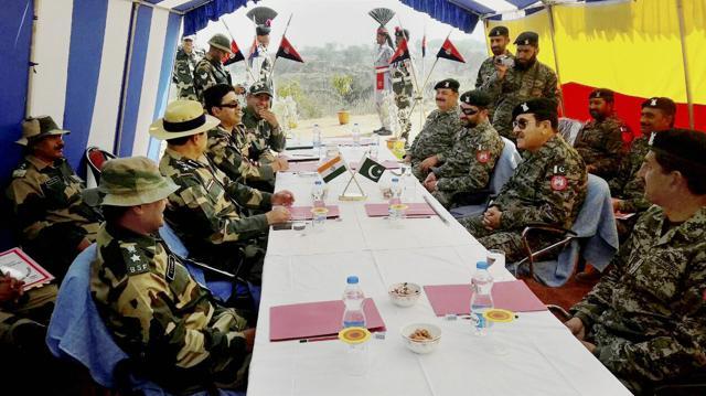 BSF and Pakistan Rangers at the meeting at Kathua in Jammu on Friday. (PTI) BSF and Pakistan Rangers at the meeting at Kathua in Jammu on Friday. (PTI)