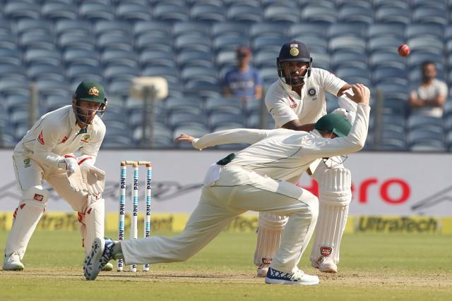Murali Vijay of India reacts during day two of the first test match between India and Australia held at the Maharashtra Cricket Association Stadium in Pune on the 24th Feb 2017. Photo by: Deepak Malik / BCCI/ SPORTZPICS