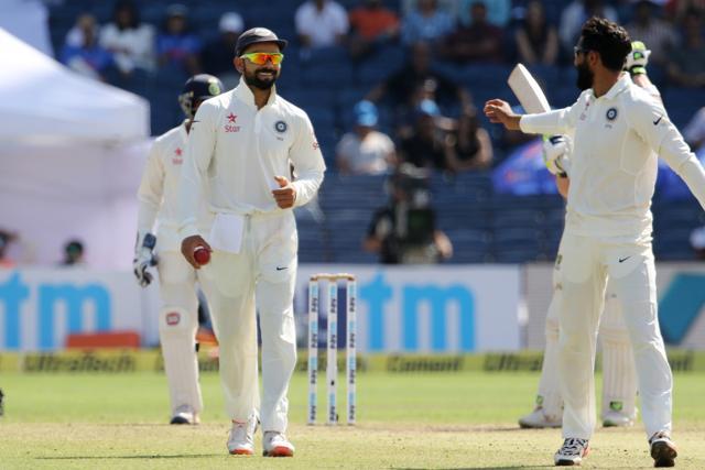 Ravindra Jadeja had Matt Renshaw’s wicket denied due to DRS. Catch live cricket score of India vs Australia here. (BCCI) Ravindra Jadeja had Matt Renshaw’s wicket denied due to DRS. Catch live cricket score of India vs Australia here. (BCCI)