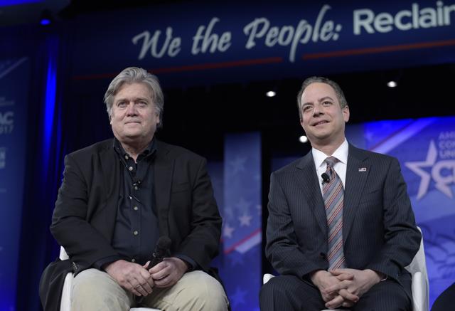 White House chief of staff Reince Priebus, right, and White House strategist Stephen Bannon, speak at the Conservative Political Action Conference (CPAC) in Oxon Hill on Feb. 23. (AP Photo) White House chief of staff Reince Priebus, right, and White House strategist Stephen Bannon, speak at the Conservative Political Action Conference (CPAC) in Oxon Hill on Feb. 23. (AP Photo)