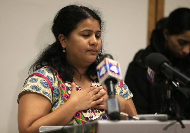 Sunayana Dumala speaks about her late husband, Srinivas Kuchibhotla, at a news conference in Olathe. (AP) Sunayana Dumala speaks about her late husband, Srinivas Kuchibhotla, at a news conference in Olathe. (AP)