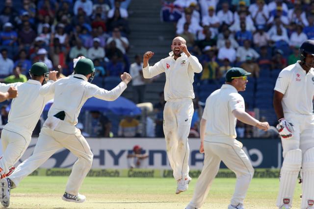 Nathan Lyon celebrates as Australia ended India’s undefeated streak of 20 Tests. (BCCI)