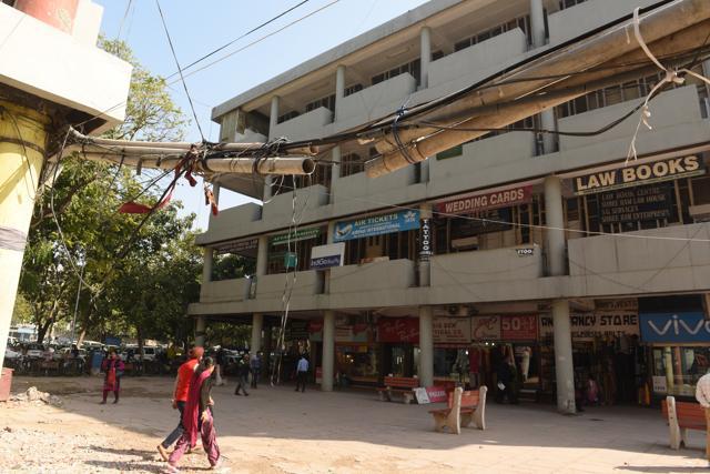 The skyline is marred by wires that are symptomatic of the ad-hocism that is the bane of this city centre. (HT Photo)