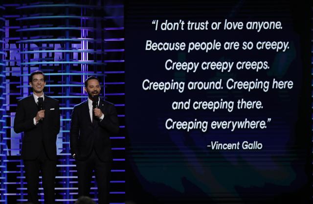 Hosts John Mulaney (L) and Nick Kroll speak next to a quote shown on a screen at the 2017 Film Independent Spirit Awards in Santa Monica. (REUTERS)