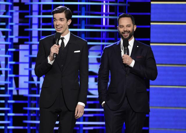 Co-hosts John Mulaney, left, and Nick Kroll speak at the Film Independent Spirit Awards on Saturday. (Chris Pizzello/Invision/AP)