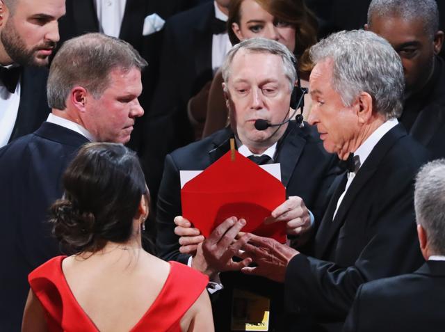 Warren Beatty, moments after he had been made aware of the gaffe. (REUTERS)