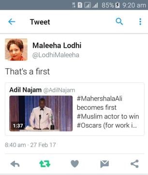 Screen grab of the tweet on Mahershala Ali that was deleted by Maleeha Lodi, Pakistan’s envoy to the UN. (Twitter) Screen grab of the tweet on Mahershala Ali that was deleted by Maleeha Lodi, Pakistan’s envoy to the UN. (Twitter)