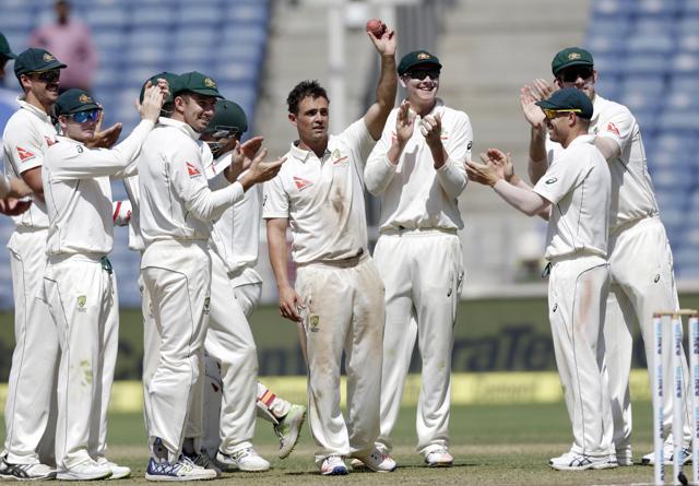Australia's Steve O'Keefe (centre) took 6/35 in both innings in the first Test against India in Pune last week. (AP) Australia's Steve O'Keefe (centre) took 6/35 in both innings in the first Test against India in Pune last week. (AP)