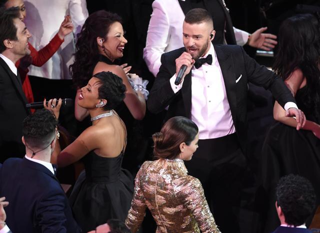 Justin Timberlake performs in the audience at the Oscars on Monday. (AP)