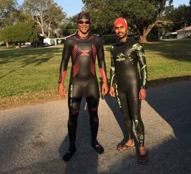 Milind Soman with fellow Indian contestant Abhishek Mishra (R) during Ultraman Florida. (Abhishek Mishra/Facebook)