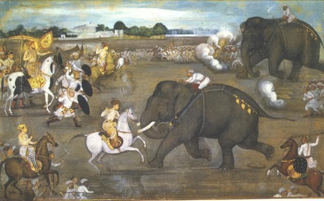 Prince Aurangzeb facing a maddened elephant. (Wikimedia Commons) Prince Aurangzeb facing a maddened elephant. (Wikimedia Commons)