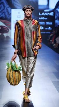 The peplum top and dhoti pants are made from pineapple and banana fibres, and native Eri silk, which is also known as Ahimsa silk. The peplum top and dhoti pants are made from pineapple and banana fibres, and native Eri silk, which is also known as Ahimsa silk.