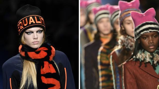 While Donatella Versace sent her models wearing pieces branded with words such as ‘equality’, ‘unity’ and ‘power’, Angela Missoni’s models ended the show wearing Pussyhats, the pink protest symbols of women’s rights. (AFP)