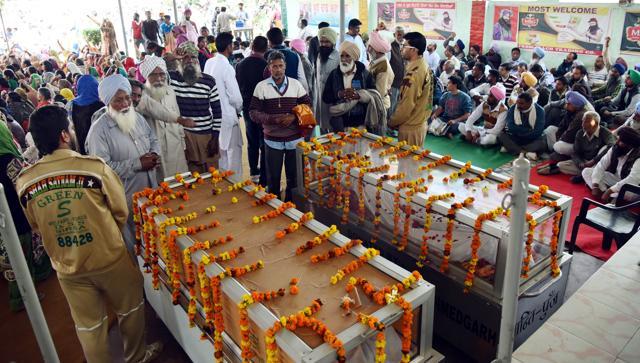 Bodies of the murdered duo inside the sect’s congregation centre, in Jagera village in Ludhiana district on Monday. (Jagtinder Singh Grewal / HT Photo) Bodies of the murdered duo inside the sect’s congregation centre, in Jagera village in Ludhiana district on Monday. (Jagtinder Singh Grewal / HT Photo)