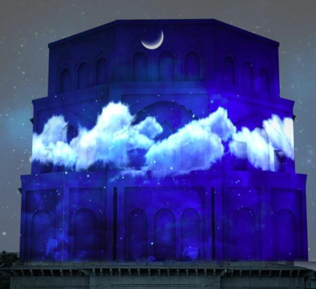 Screen shot of the documentary showing the Satkhanda in a lit-up avtaar. Screen shot of the documentary showing the Satkhanda in a lit-up avtaar.