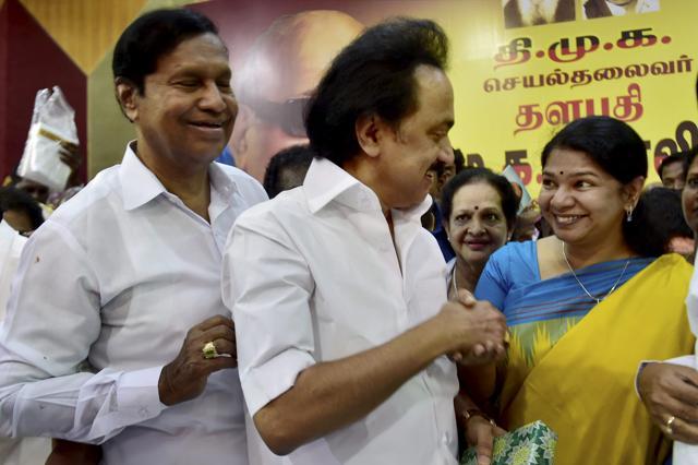 Stalin is greeted by his sister and party MP Kanimozhi on his 65th birthday. (PTI Photo) Stalin is greeted by his sister and party MP Kanimozhi on his 65th birthday. (PTI Photo)