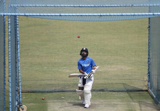 India's Ajinkya Rahane bats in the nets during a training session ahead of their second cricket test match against Australia in Bangalore, India, Wednesday, March 1, 2017. (AP Photo/Aijaz Rahi) (AP)