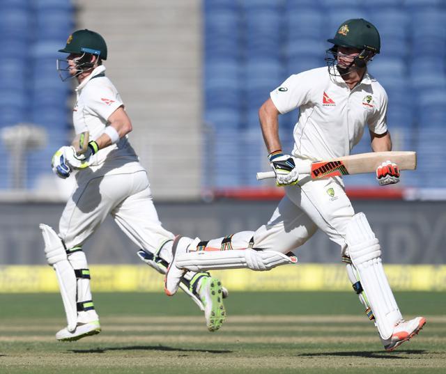 Australia's captain Steve Smith (left) and Mitchell Marsh run between the wickets on Day 2 of the first Test match between India and Australia in Pune on February 24, 2017. (AFP) Australia's captain Steve Smith (left) and Mitchell Marsh run between the wickets on Day 2 of the first Test match between India and Australia in Pune on February 24, 2017. (AFP)