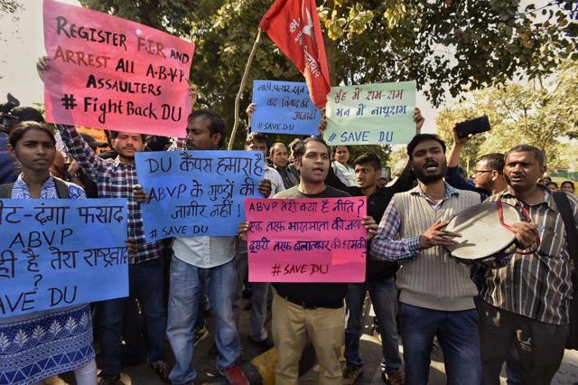 Through music, slogans and posters protesting students call for space to disagree and think peacefully. (Raj K Raj/ HT Photo) Through music, slogans and posters protesting students call for space to disagree and think peacefully. (Raj K Raj/ HT Photo)