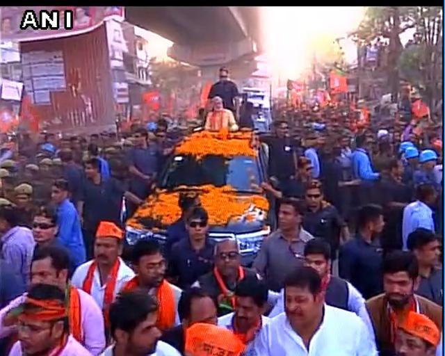 Prime Minister Narendra Modi during his road show in Varanasi on Sunday. (ANI Twitter) Prime Minister Narendra Modi during his road show in Varanasi on Sunday. (ANI Twitter)